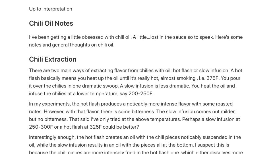 Screenshot of uptointerpretation.com: Chili Oil Notes