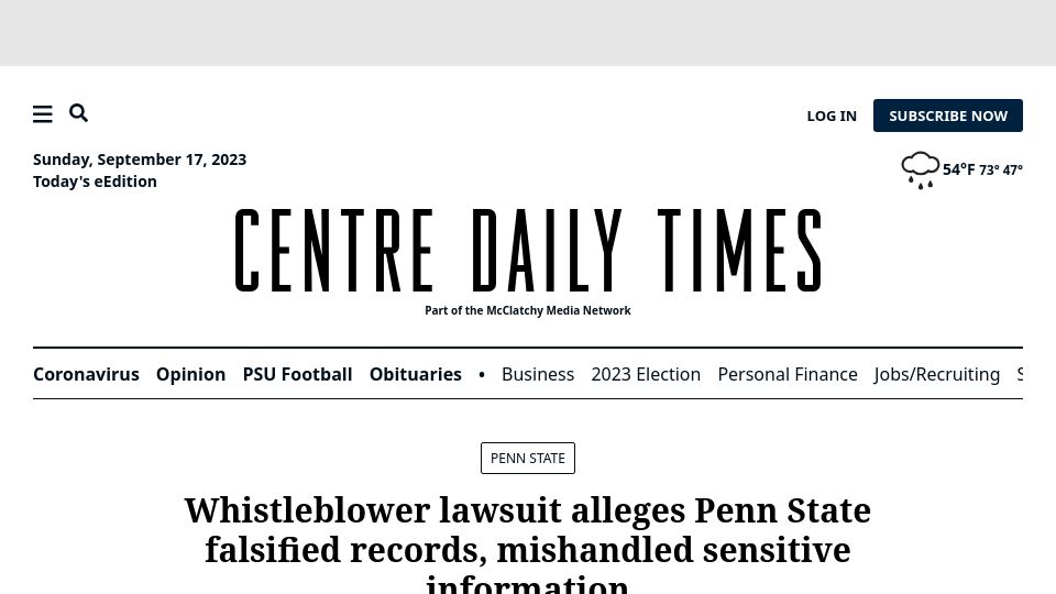 Screenshot of centredaily.com: Whistleblower CISO says PennState lied about IT security to win $2B from US gov