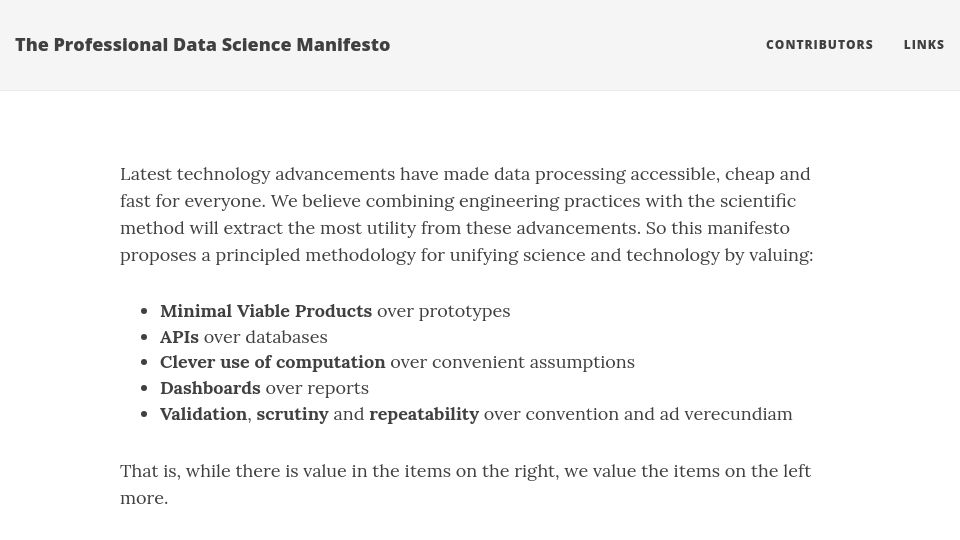 Screenshot of datasciencemanifesto.org: The Data Science Manifesto (2020)