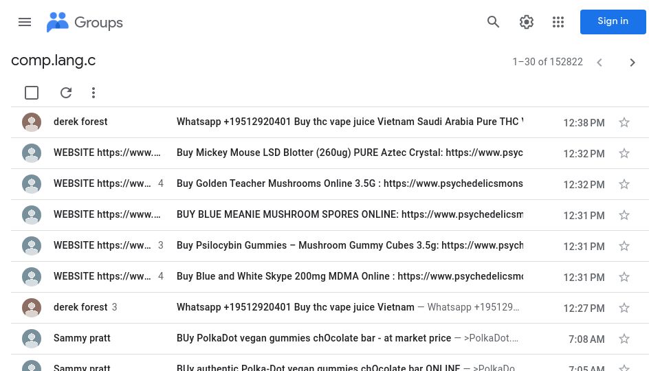 Screenshot of groups.google.com: Comp.lang.c is now full of spam