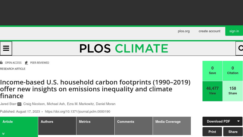 Screenshot of journals.plos.org: Americas richest 10% is responsible for 40% of its planet heating pollution