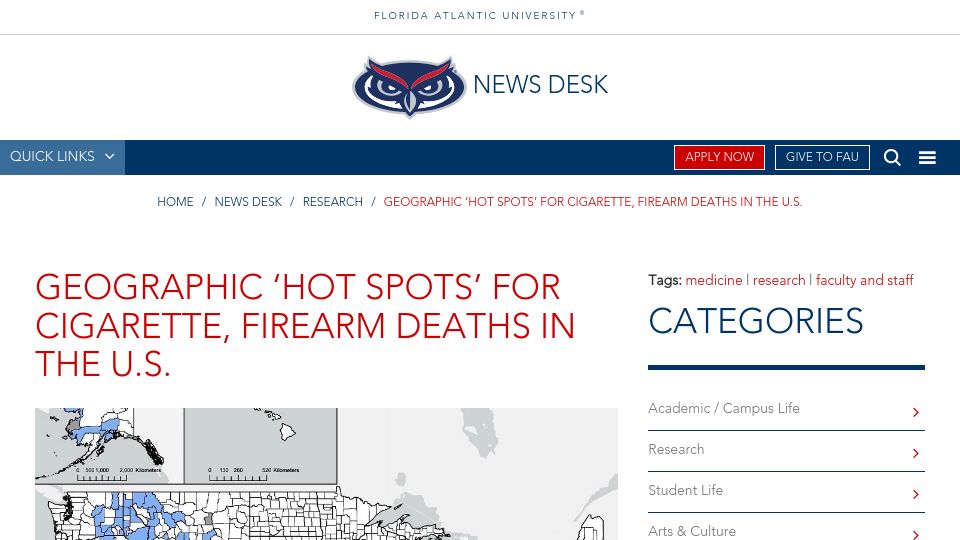 Screenshot of fau.edu: Geographic ‘hot spots’ for cigarette and firearm deaths in the U.S.