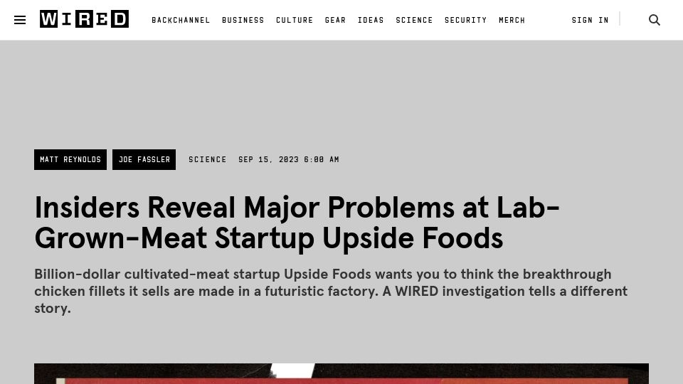 Screenshot of wired.com: Insiders reveal problems at Upside Foods