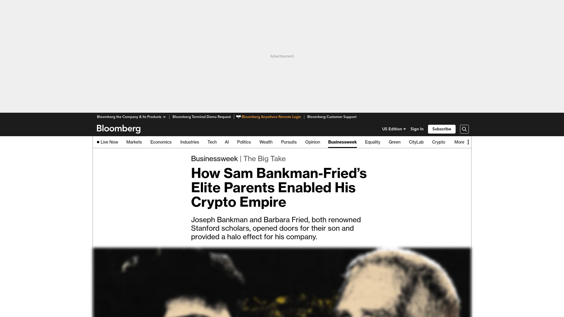 Screenshot of bloomberg.com: Sam Bankman-Fried’s Elite Parents Enabled His Crypto Empire