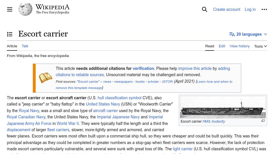Screenshot of en.wikipedia.org: USA built 151 Aircraft carriers in WWII