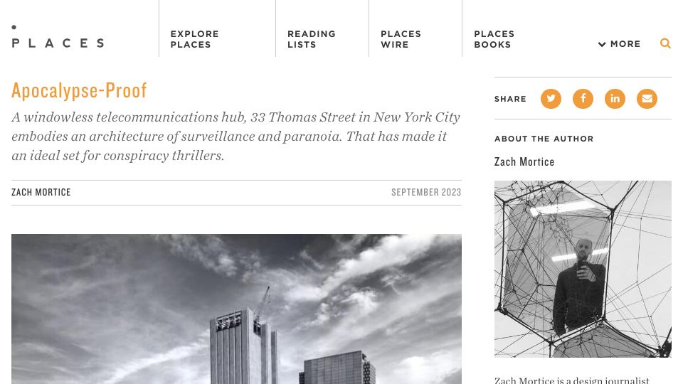 Screenshot of placesjournal.org: Apocalypse Proof: 33 Thomas Street in New York City