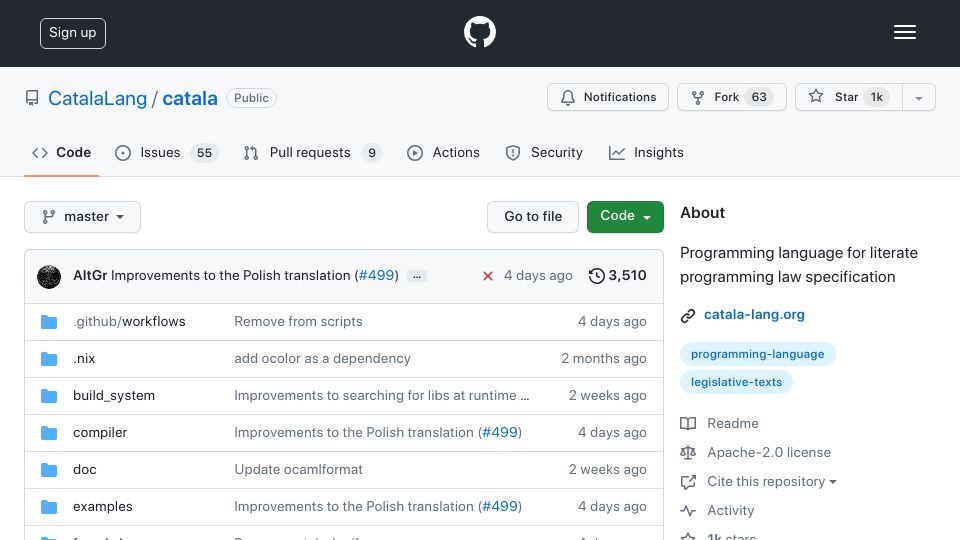 Screenshot of github.com: CatalaLang/catala: Programming language for law specification