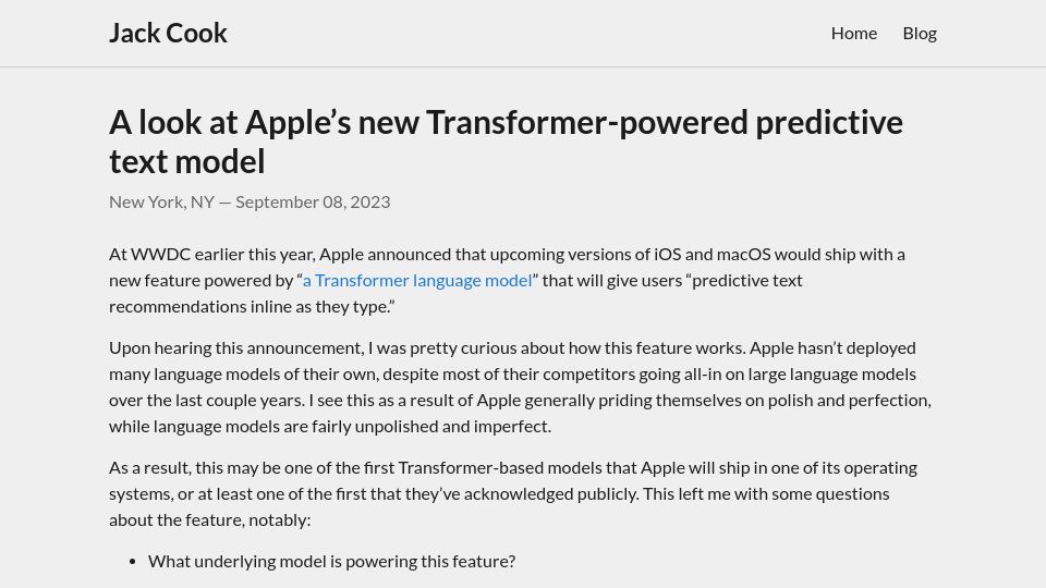 Screenshot of jackcook.com: Apple’s new Transformer-powered predictive text model