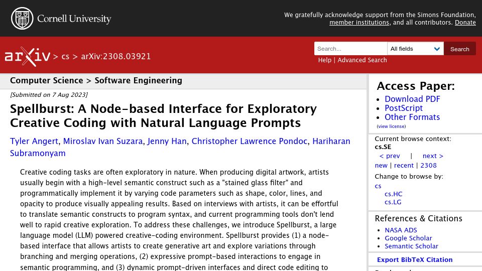 Screenshot of arxiv.org: Spellburst: LLM–Powered Interactive Canvas