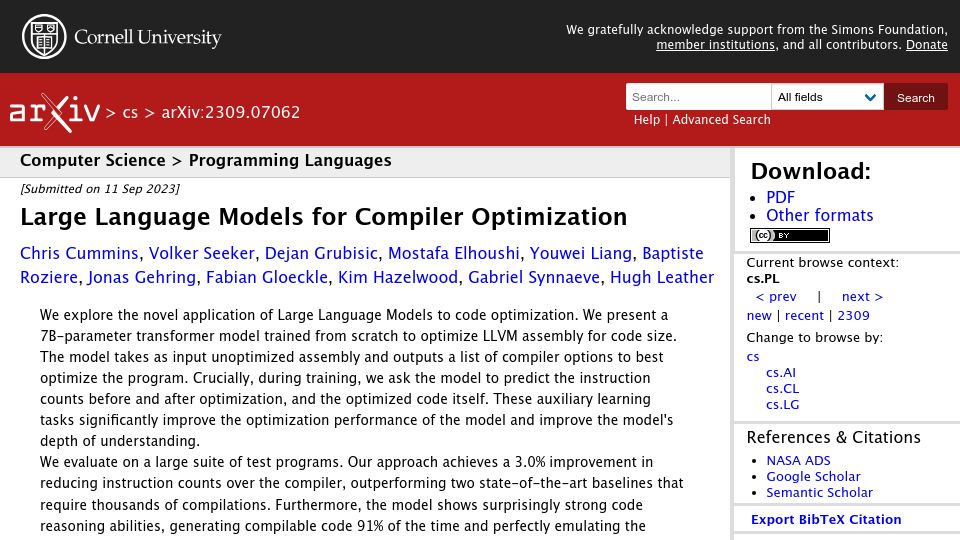 Screenshot of arxiv.org: Large Language Models for Compiler Optimization