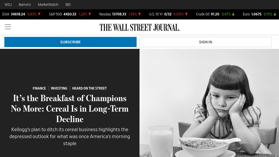 Screenshot of wsj.com: Breakfast cereal is in long-term decline