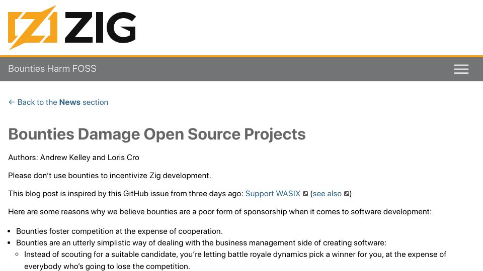 Screenshot of ziglang.org: Bounties Damage Open Source Projects