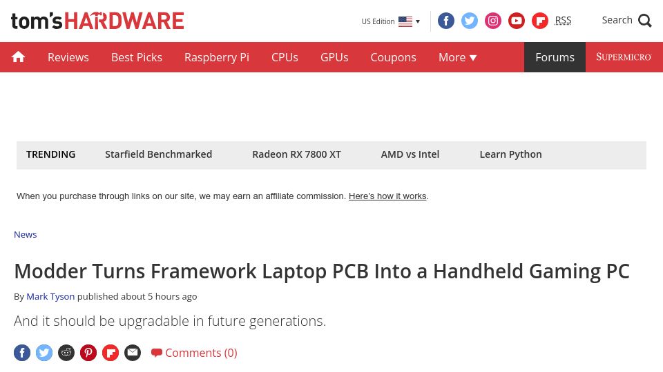 Screenshot of tomshardware.com: Modder Turns Framework Laptop PCB into a Handheld Gaming PC