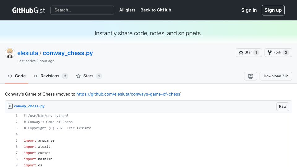 Screenshot of gist.github.com: Show HN: Conway's Game of Chess