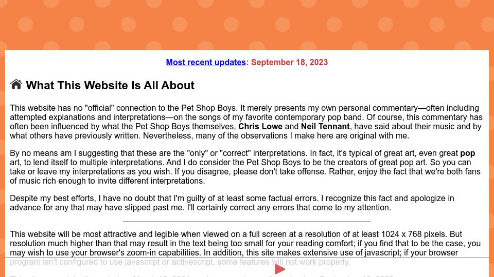 Screenshot of geowayne.com: Interpretation and analysis of songs written or performed by Pet Shop Boys