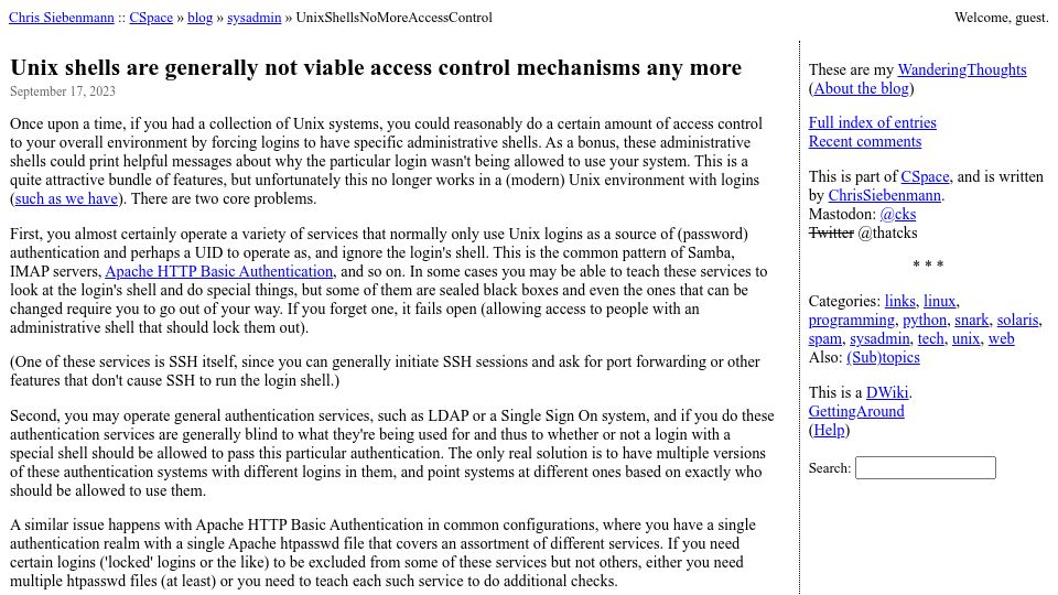 Screenshot of utcc.utoronto.ca: Unix shells are generally not viable access control mechanisms any more