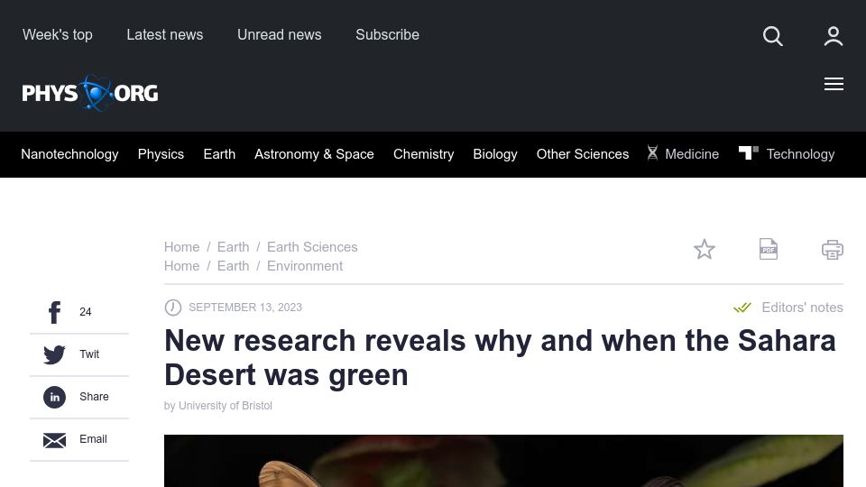 Screenshot of phys.org: Why and when the Sahara Desert was green: new research