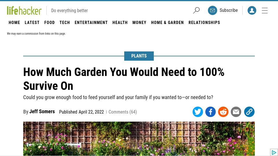 Screenshot of lifehacker.com: How much garden you would need to survive on