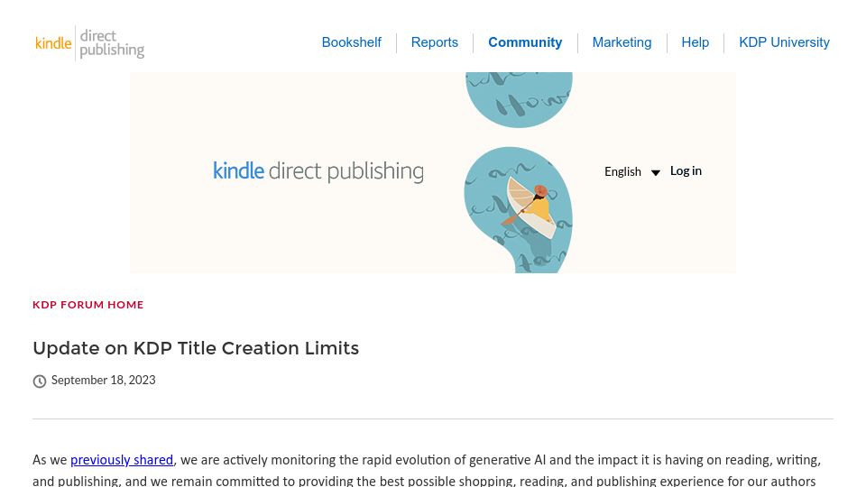 Screenshot of kdpcommunity.com: Update on KDP Title Creation Limits