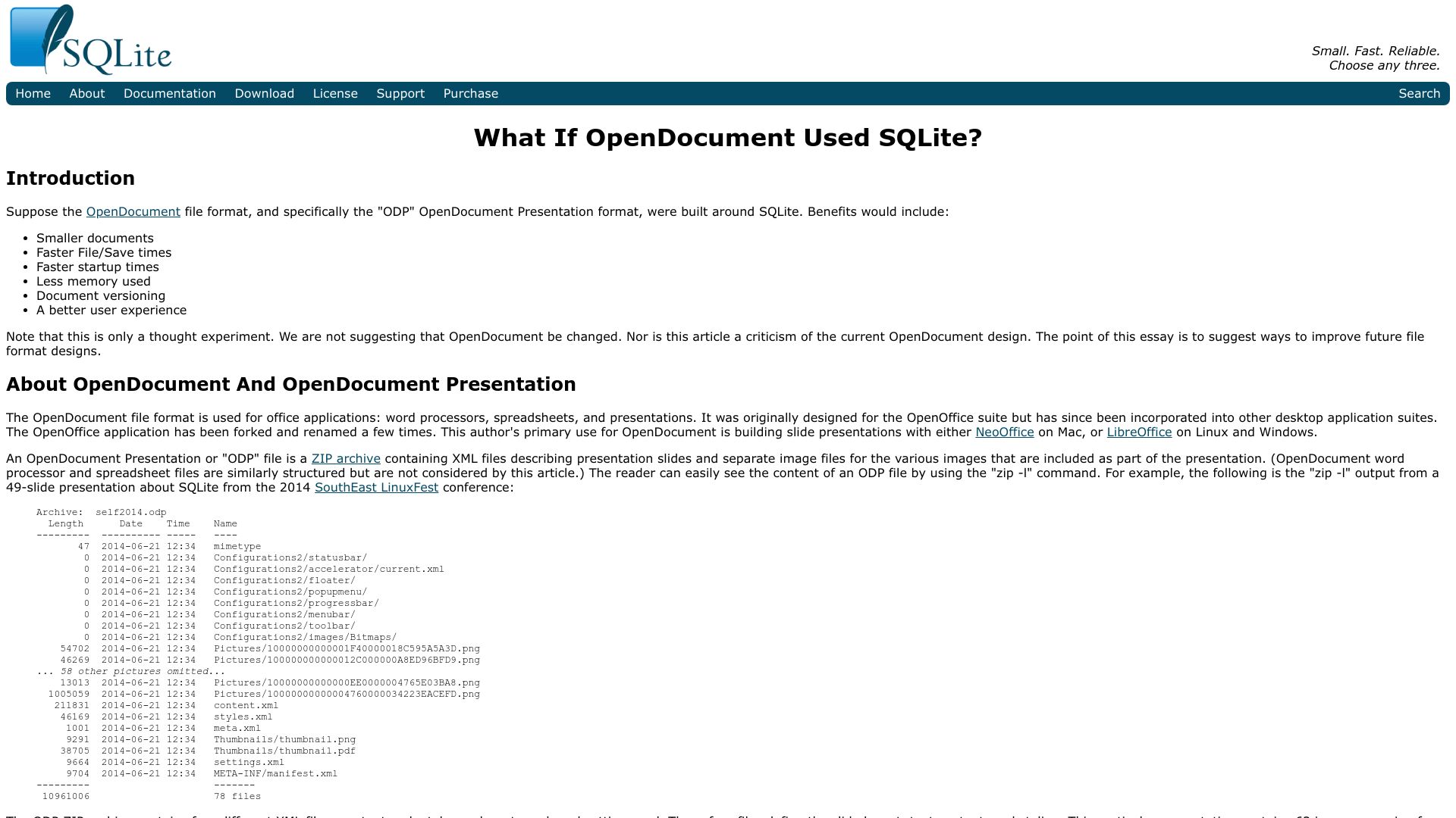Screenshot of sqlite.org: What if OpenDocument used SQLite? (2014)