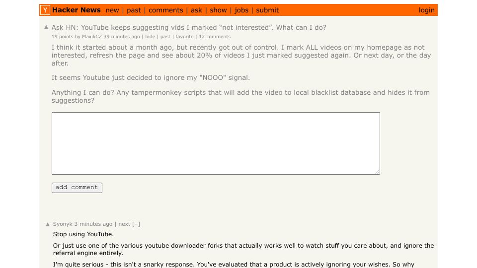 Screenshot of Hacker News post: Ask HN: YouTube keeps suggesting vids I marked “not interested”. What can I do?