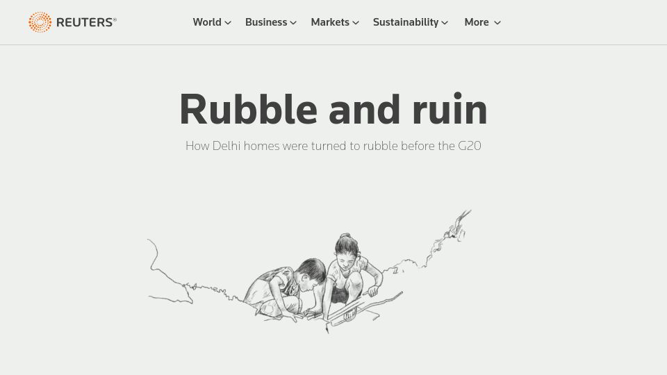 Screenshot of reuters.com: Slums in Delhi were flattened before the G20 summit