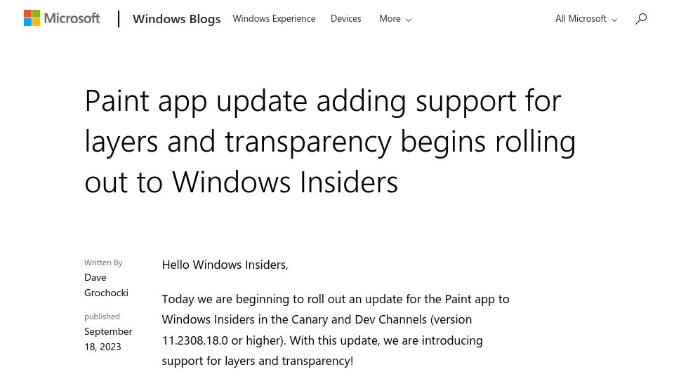 Screenshot of blogs.windows.com: Paint on Windows is getting layers and transparency support