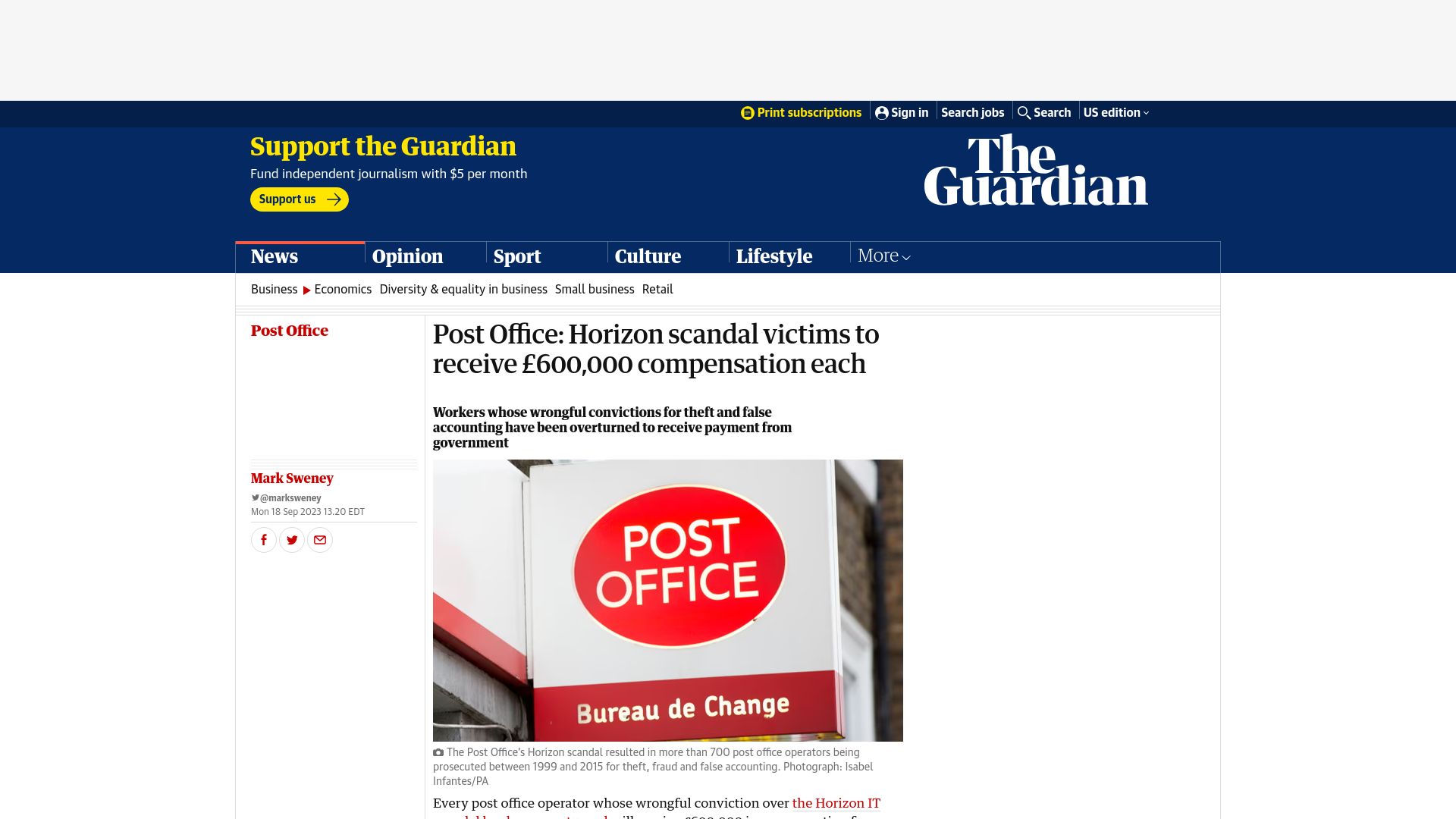 Screenshot of theguardian.com: UK Post Office: 700 Horizon software scandal victims to receive £600k each