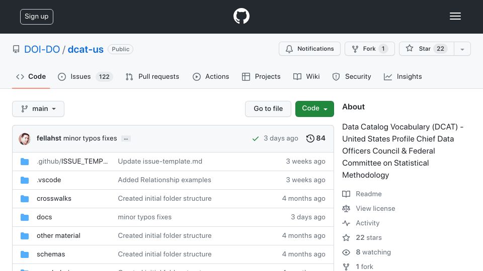 Screenshot of github.com: Seeking comments on the Data Catalog (DCAT) US standard v3.0