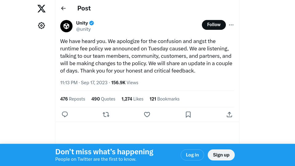 Screenshot of twitter.com: Unity: We Have Heard You