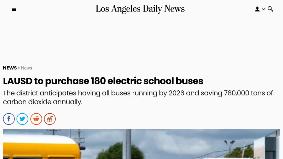 Screenshot of dailynews.com: LAUSD to purchase 180 electric school buses