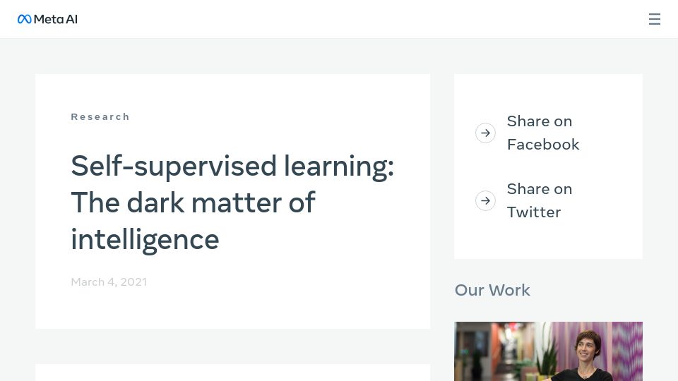 Screenshot of ai.meta.com: Self-supervised learning: The dark matter of intelligence (2021)