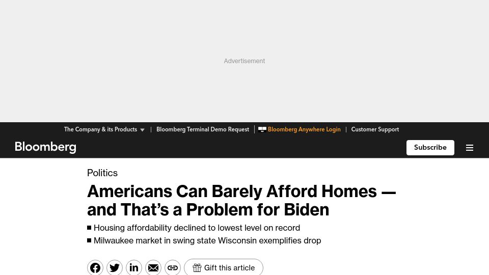 Screenshot of bloomberg.com: Americans Can Barely Afford Homes