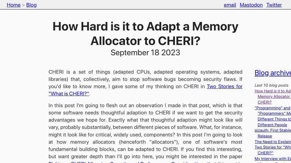 Screenshot of tratt.net: How hard is it to adapt a memory allocator to CHERI?