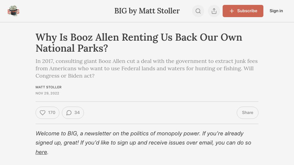 Screenshot of thebignewsletter.com: Why Is Booz Allen Renting Us Back Our Own National Parks?