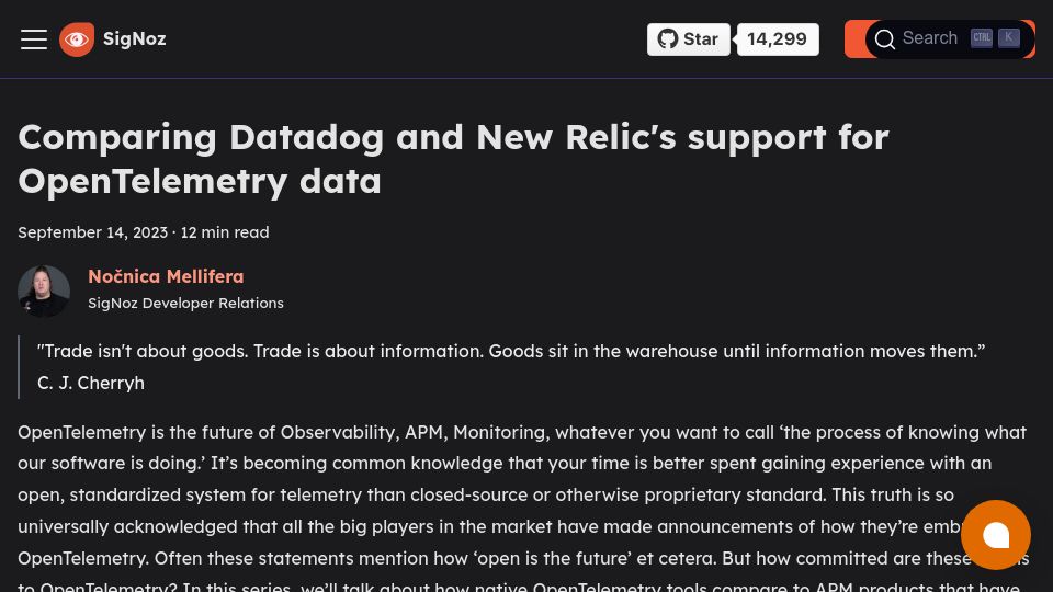 Screenshot of signoz.io: Comparing Datadog and New Relic's support for OpenTelemetry data