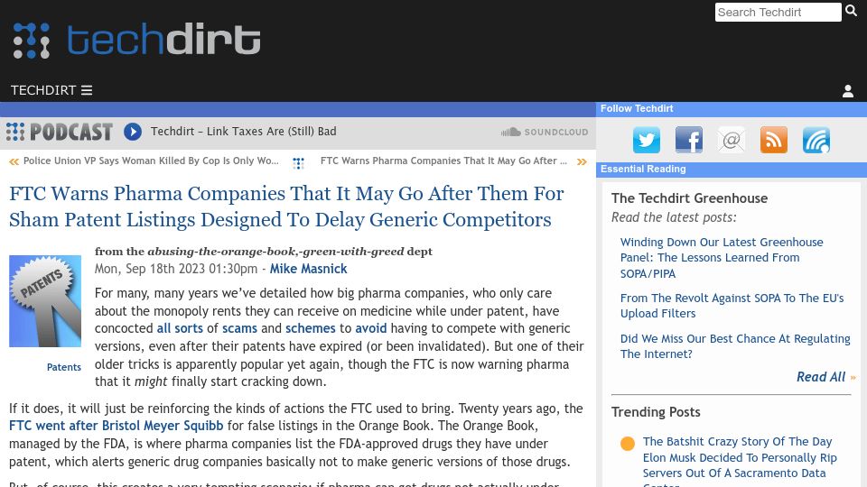 Screenshot of techdirt.com: FTC warns pharma companies about sham patent listings designed to delay generics