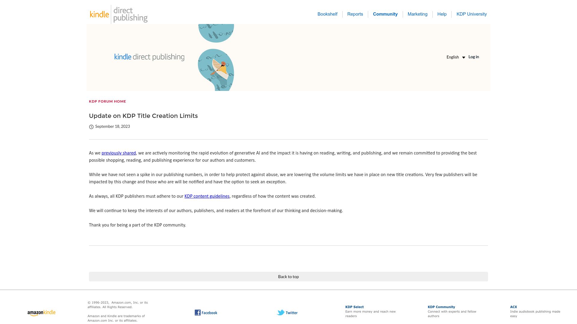 Screenshot of kdpcommunity.com: Update on KDP Title Creation Limits