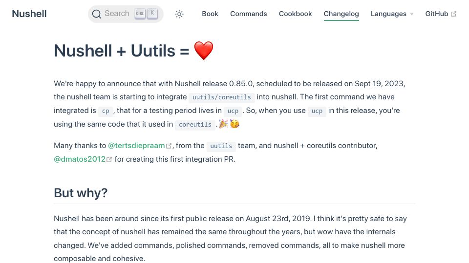 Screenshot of nushell.sh: Nushell and Uutils