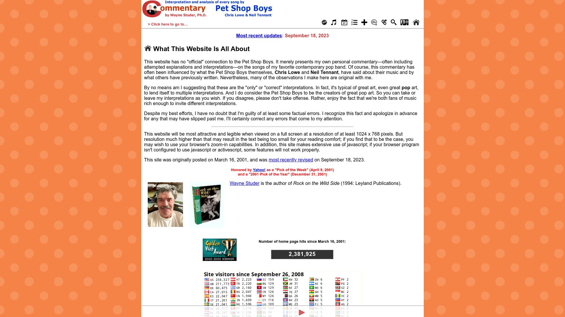 Screenshot of geowayne.com: Interpretation and analysis of songs written or performed by Pet Shop Boys