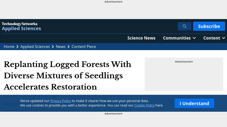Screenshot of technologynetworks.com: Replanting logged forests with diverse seedlings accelerates restoration