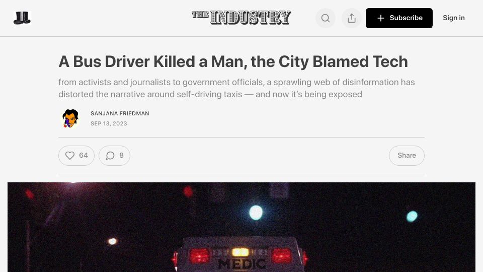 Screenshot of theindustry.pw: A Bus Driver Killed a Man, the City Blamed Tech