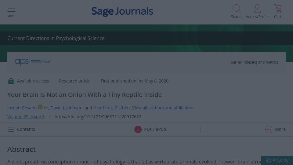 Screenshot of journals.sagepub.com: The brain is not an onion with a tiny reptile inside (2020)