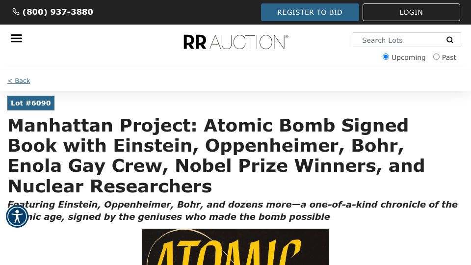 Screenshot of rrauction.com: 'Atomic Energy' Book Signed by Einstein, Oppenheimer, Bohr, Enola Gay Crew