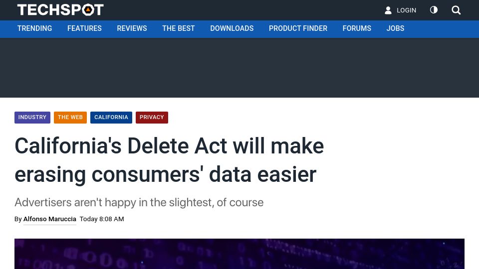 Screenshot of techspot.com: California's Delete Act will make erasing consumers' data easier