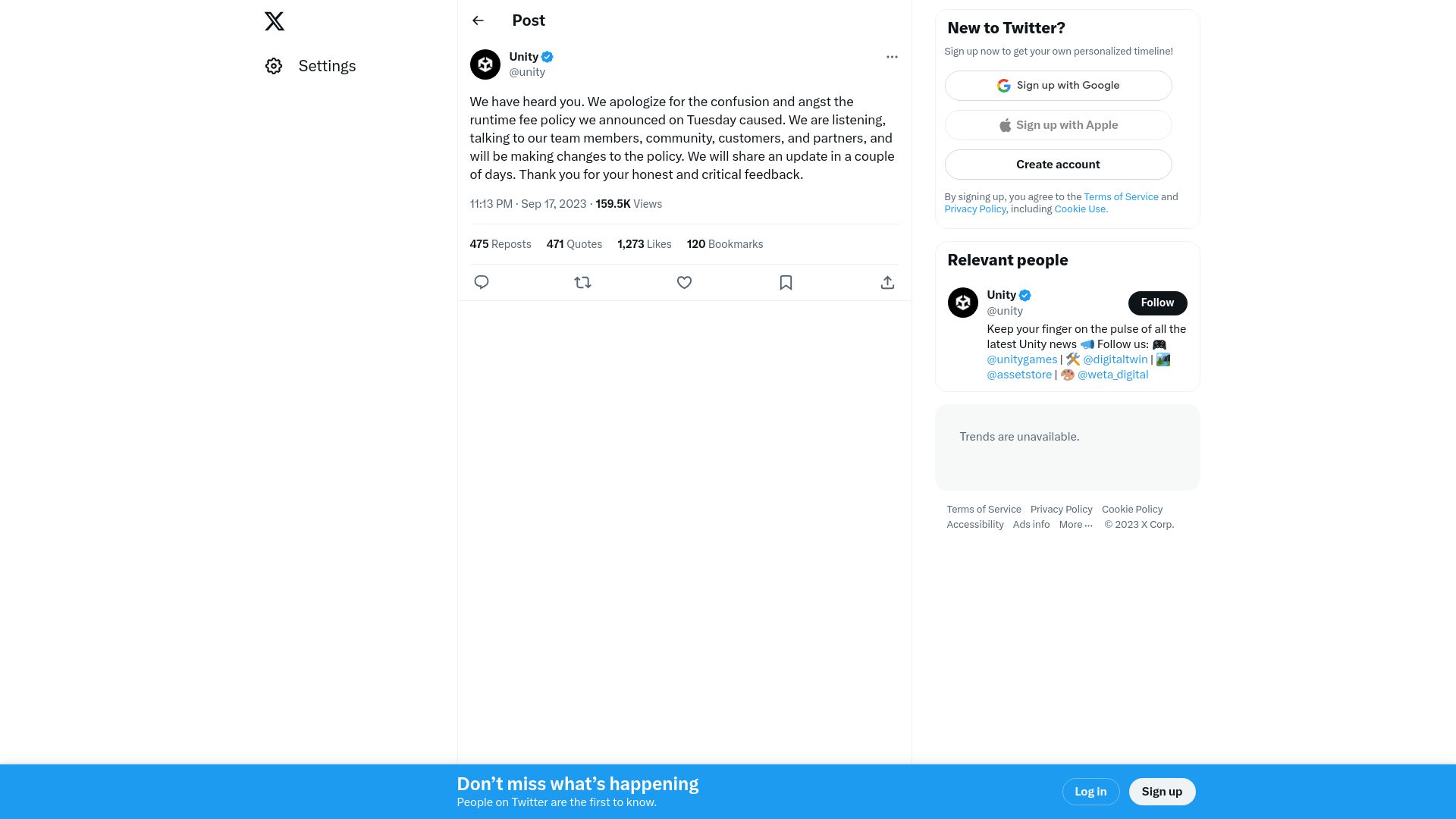 Screenshot of twitter.com: Unity: We Have Heard You