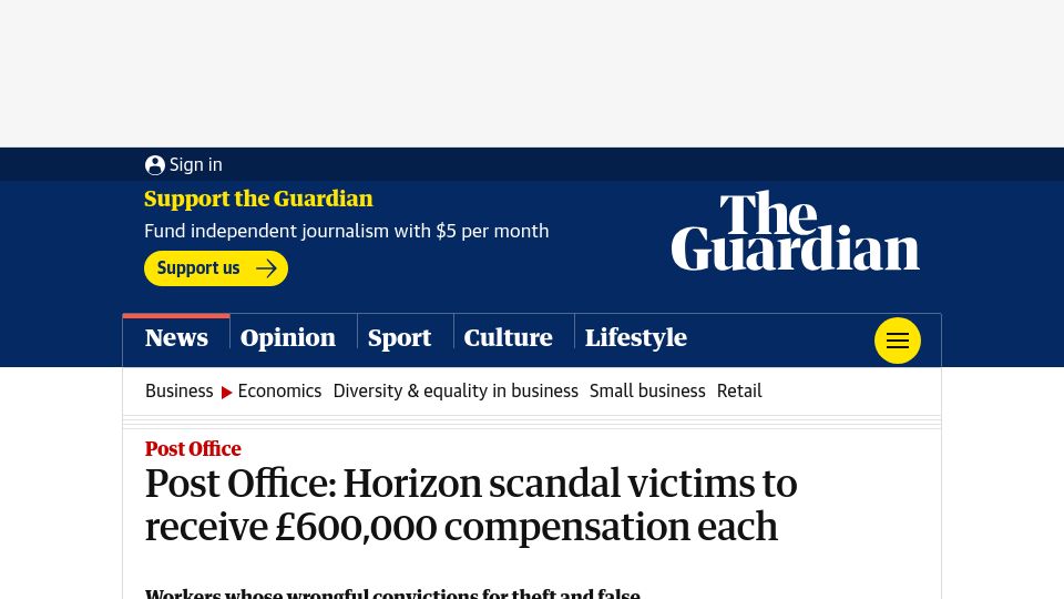 Screenshot of theguardian.com: UK Post Office: 700 Horizon software scandal victims to receive £600k each