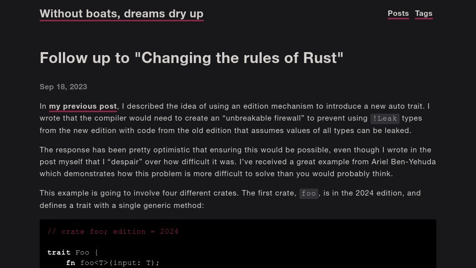 Screenshot of without.boats: Follow up to “Changing the rules of Rust”