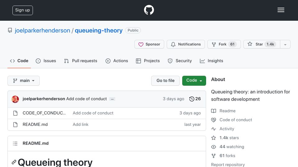 Screenshot of github.com: Queueing Theory: An introduction for software development