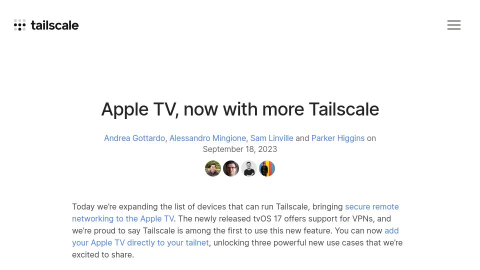 Screenshot of tailscale.com: Apple TV, now with more Tailscale